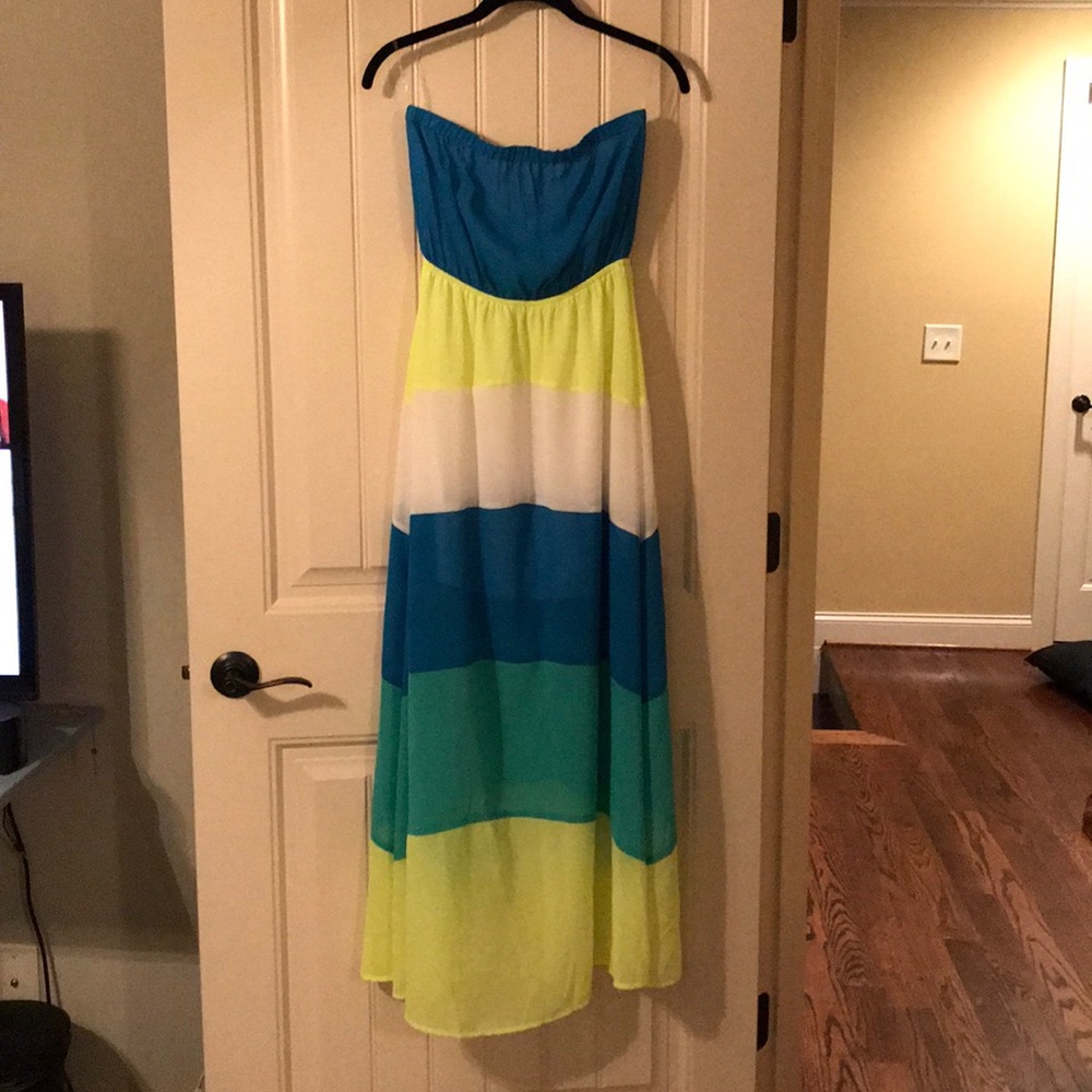Neon, striped, strapless, maxi dress
